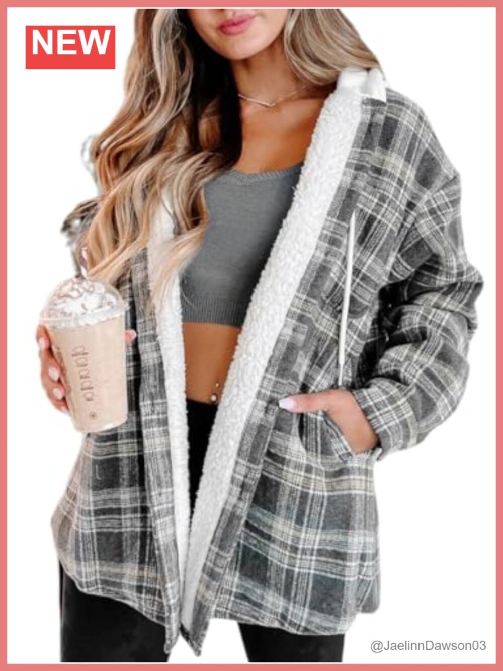 Plaid Sherpa Fleece-Lined Hooded Shacket Button Front Women